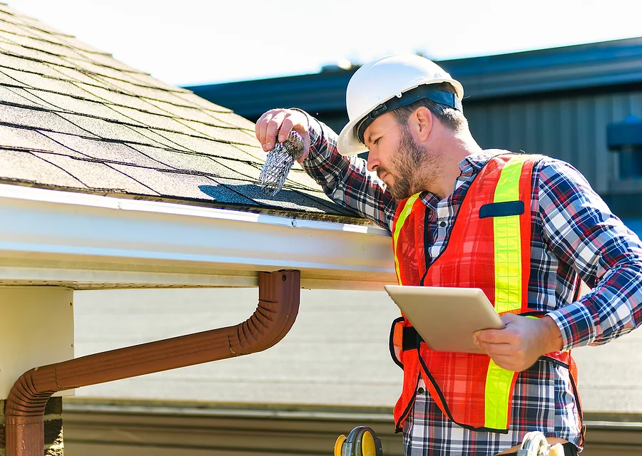 A roofer checking the gutters and eaves of a tiled roof